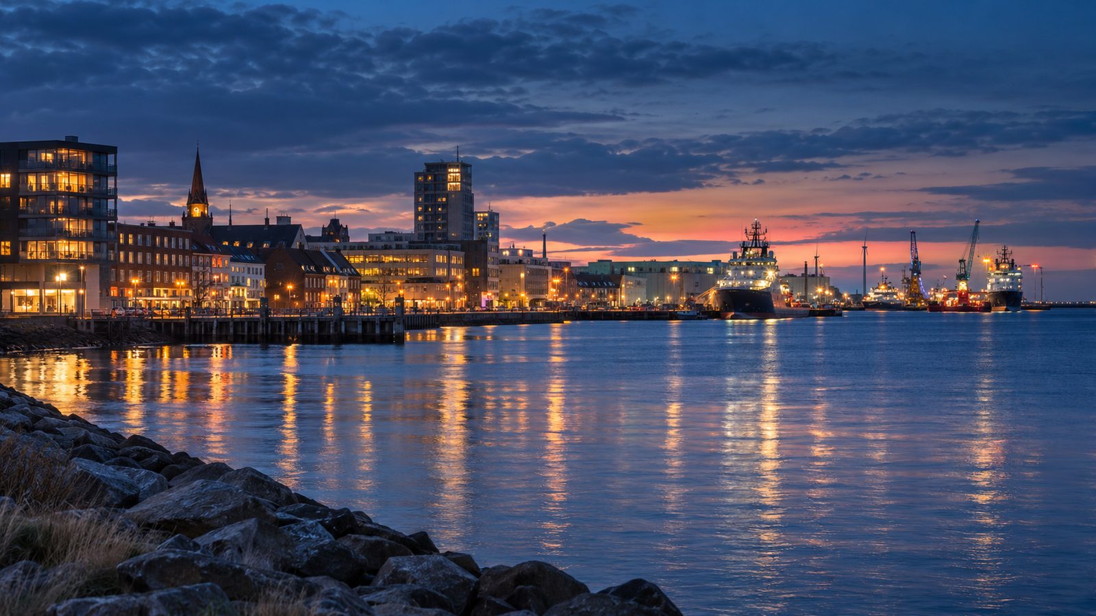 AI-genereret stemningsbillede inspireret af Esbjergs havnemiljø; ikke et dokumentarfoto
